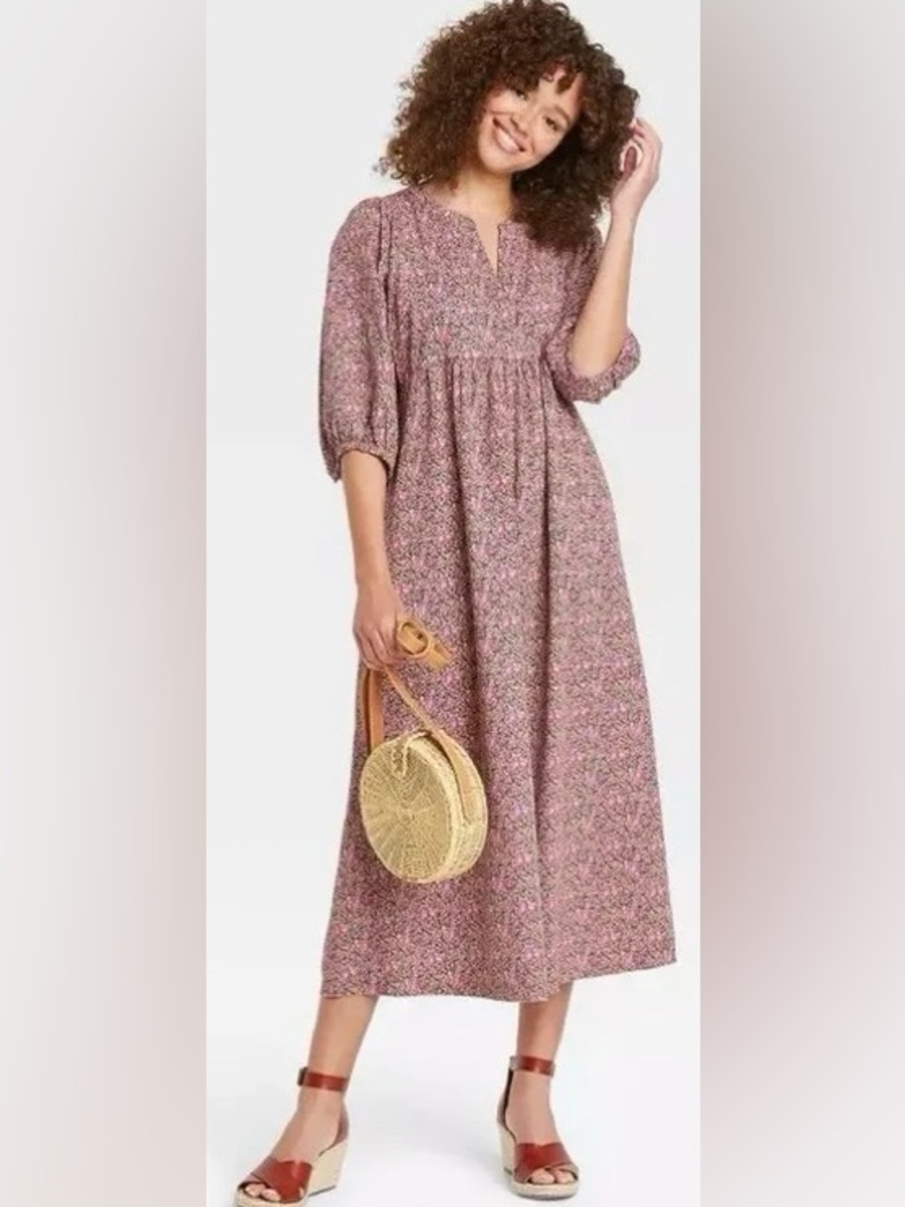 Universal Thread Women'Small Puff Short-Sleeve Midi Sundress Floral Maxi Dress